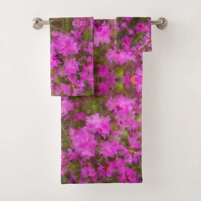 Bath Towel Set Purple Rhododendrons (Insitu)