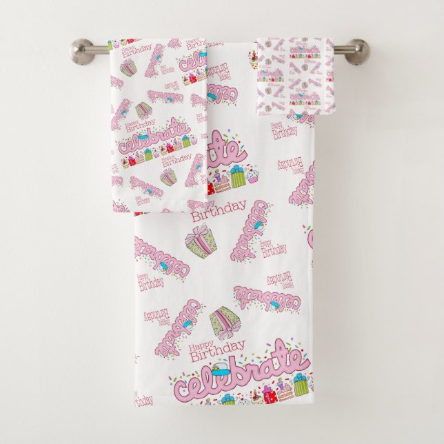 Bath Towel Sets,  Happy Birthday Celebrate Pink (Insitu)