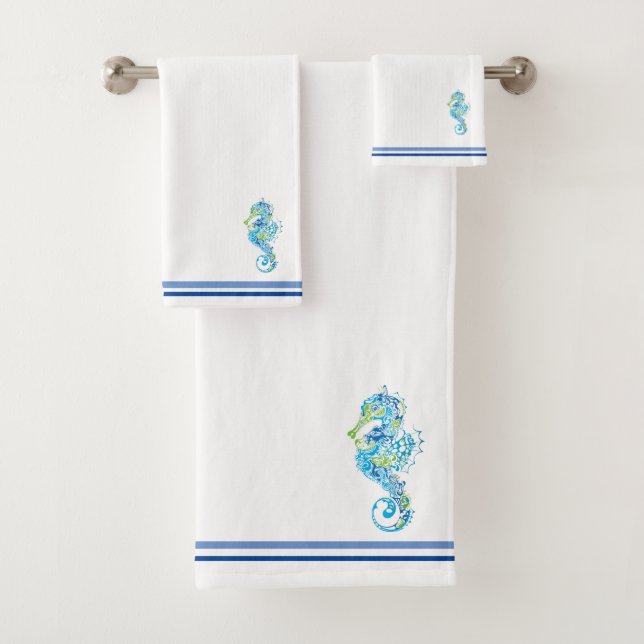 Bath Towel Sets Seaside White Color with Seahorses (Insitu)