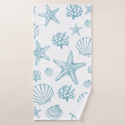 Bath Towel Teal Seashell Starfish Beachy Pattern