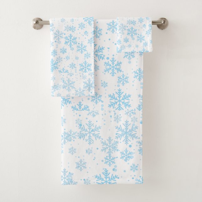 Bath Towels Blue Snowflakes Falling On White (Insitu)