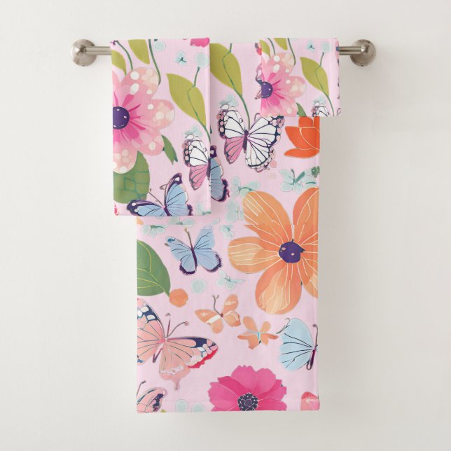 Bath Towels Butterflies and Flowers, Pink (Insitu)