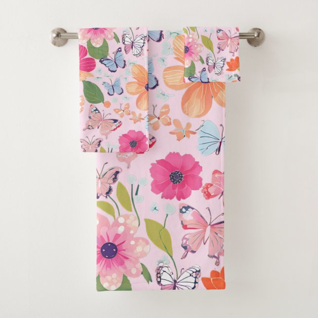 Bath Towels Butterflies and Flowers, Pink (Insitu)