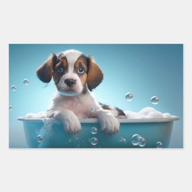 Bath Tub & Bubbles Puppy Rectangular Sticker (Front)