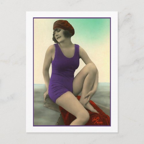 Bathing Beauty in deep purple bathing suit Postcard