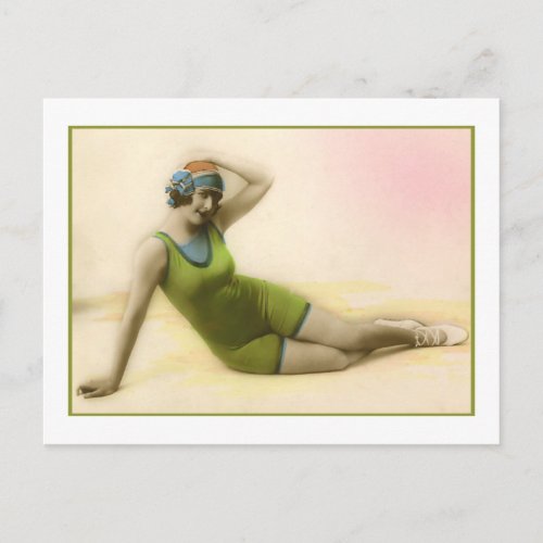 Bathing Beauty in kiwi green bathing suit Postcard