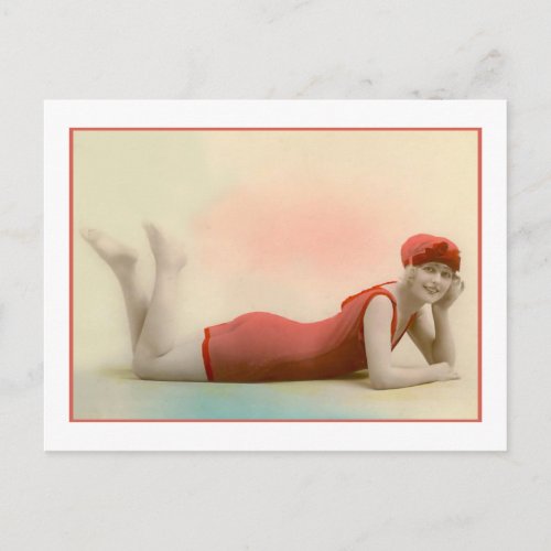 Bathing Beauty in orange red bathing suit Postcard