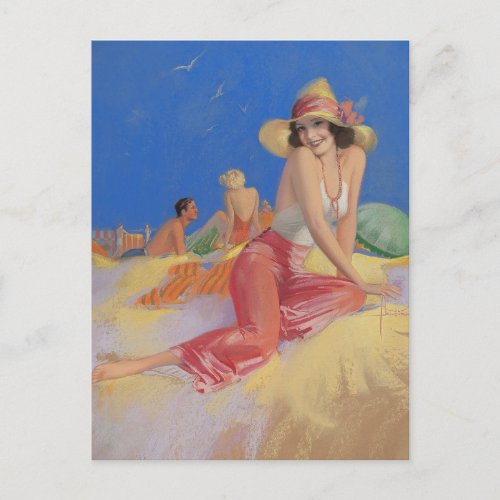 Bathing Beauty in Sun Hat Pin Up Art Postcard