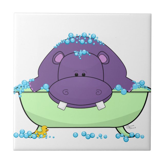 Bathing Purple Hippo Ceramic Tile (Front)