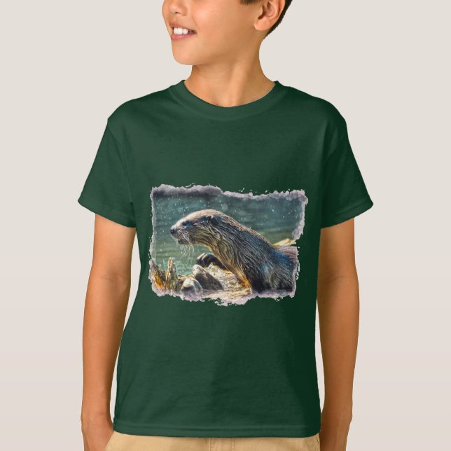 Bathing River Otter Wildlife Art T-Shirt (Front)