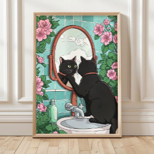 Bathroom Black Cat in Mirror Print, Funny Japanese Poster