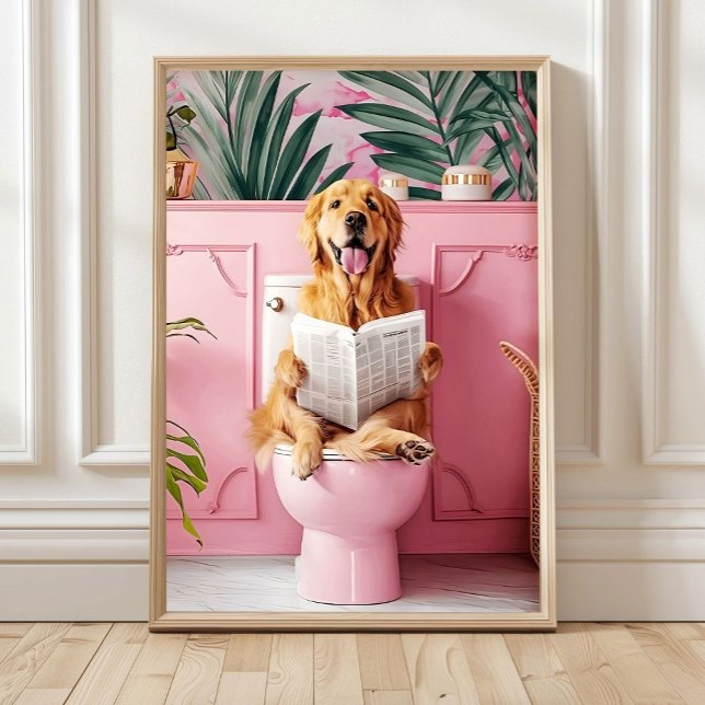 Bathroom Golden Retriever on Toilet Print, Dog on  Poster (Creator Uploaded)