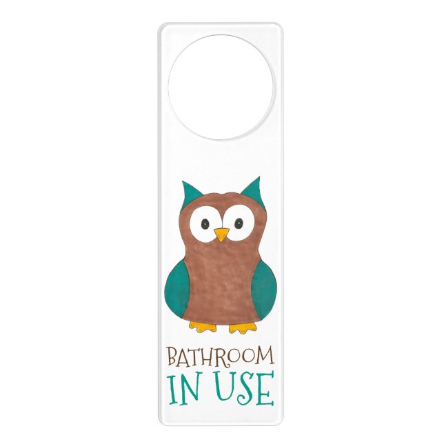 Bathroom In Use Occupied Brown Blue Owl Bird Door Hanger (Front)