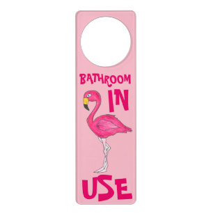 Bathroom in Use Occupied Tropical Pink Flamingo Door Hanger