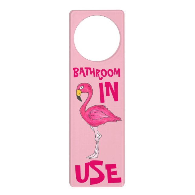 Bathroom in Use Occupied Tropical Pink Flamingo Door Hanger (Front)