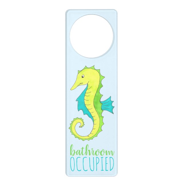 Bathroom Occupied Green Blue Beach Seahorse Door Hanger (Front)