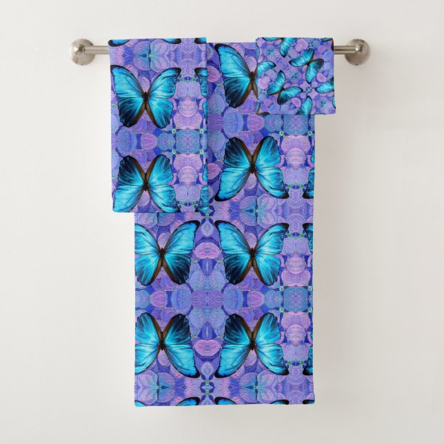 Bathroom Towel Set - Blue Butterfly & Hydrageas (Insitu)