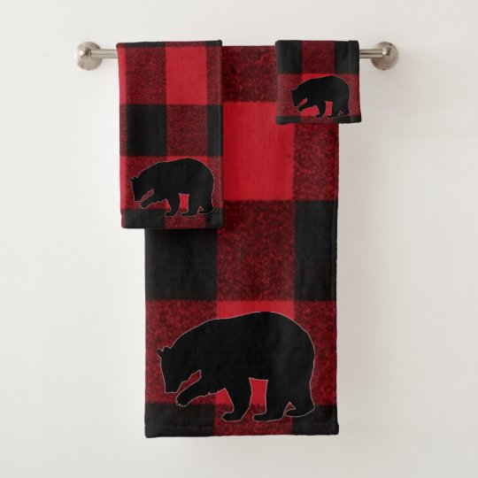 Bathroom Towel Set Red Buffalo Plaid Bear Black