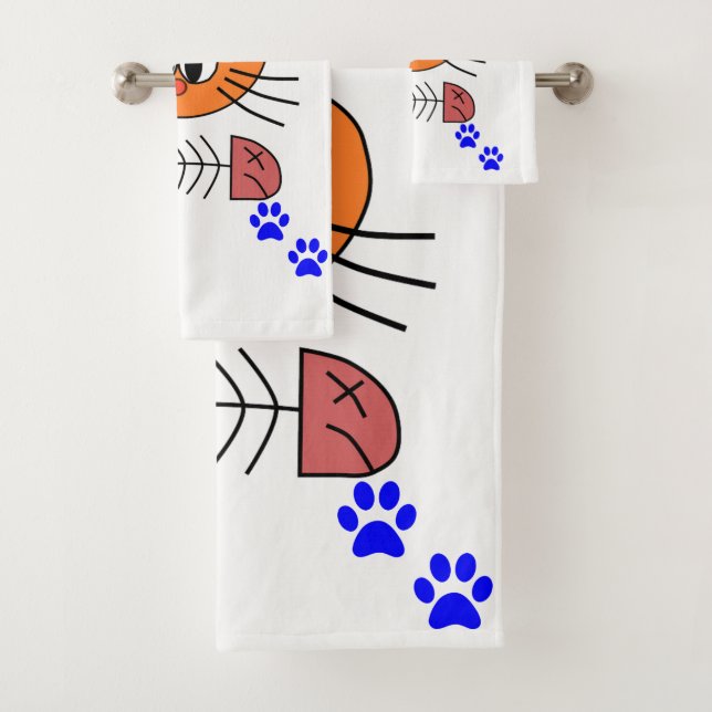 Bathroom Towel Sets Cat Fish Bones Blue Paws (Insitu)
