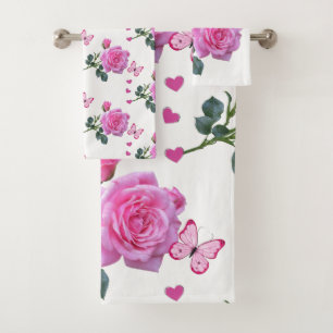 Bathroom Towel Sets Pink Rose Floral Butterfly