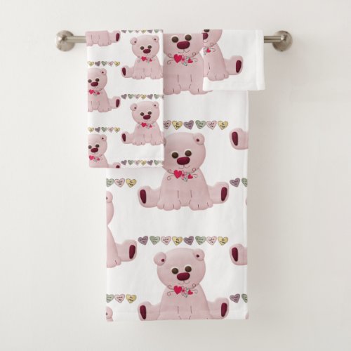 Bathroom Towel Sets Pink Teddy Bear Hearts Love 