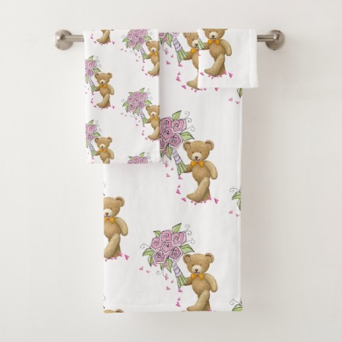 Bathroom Towel Sets Teddy Bear Floral Pink 