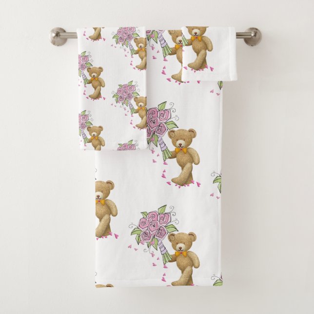 Bathroom Towel Sets Teddy Bear Floral Pink  (Insitu)