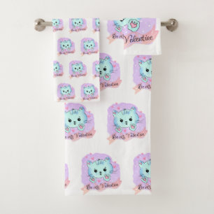 Bathroom Towel Sets Valentine's Day Cat Be Mine