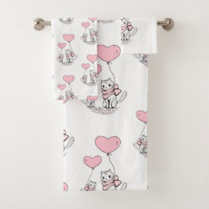 Bathroom Towel Sets Valentine's Day Cat Pink Heart
