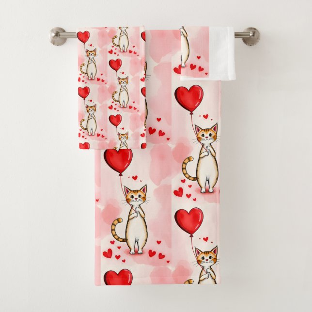 Bathroom Towel Sets Valentine's Day Cat Red Heart (Insitu)