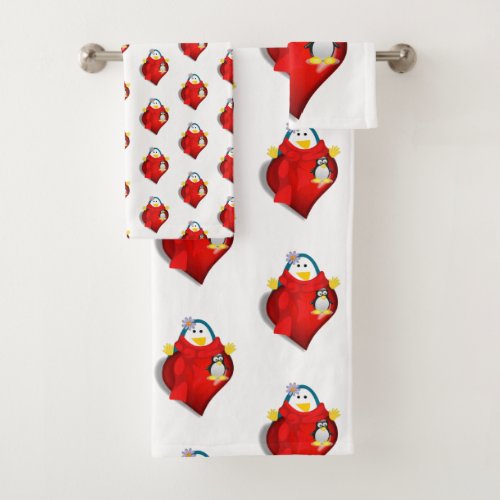 Bathroom Towel Sets Valentines Day Penguin Hearts