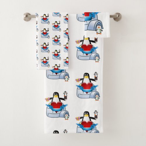 Bathroom Towel Sets Valentines Day Penguin Hearts