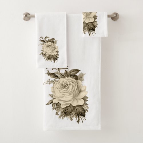 Bathroom Towel Sets Vintage White Rose Floral 