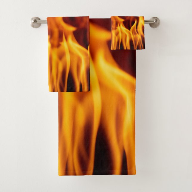 Bathroom towels set, Flames on black brackground (Insitu)