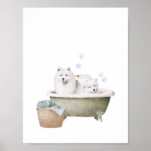 Bathroom Wall Art Samoyed dogs in a vintage bath Poster