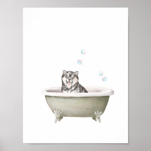 Bathroom Wall Art Shiba Inu dog in a bathtub Post Poster