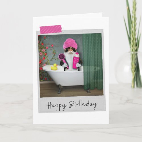 Bathtime Calico Cat Funny Birthday Card