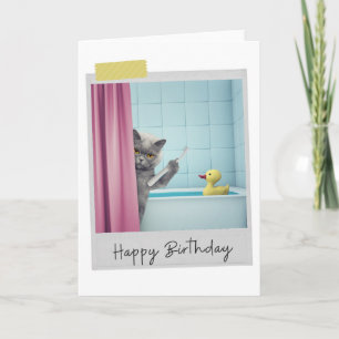 Bathtime Gray Cat Funny Birthday Card