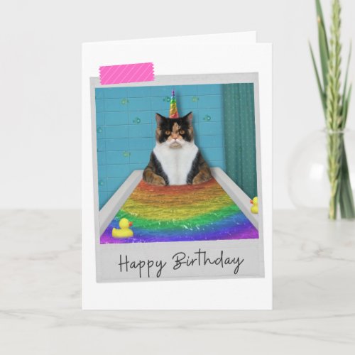 Bathtime Unicorn Calico Cat Birthday Card