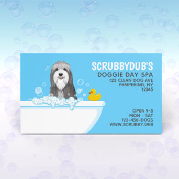 Bathtub Dog | Pet Grooming | Bearded Collie Busine Business Card by jennsdoodleworld at Zazzle