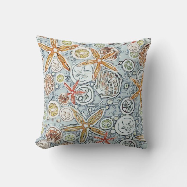 Batik Beach Starfish & Seashell Painting Throw Pillow (Front)