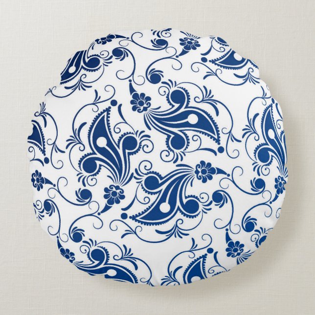 Batik Blue and White Illustrated Floral Pattern Round Pillow (Front)