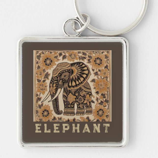 Batik Elephant Vintage Style Design, Retro  Keychain (Front)