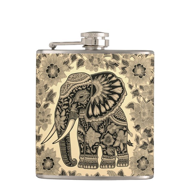 Batik Elephant Vintage Style Design, Specialty Mug Flask (Front)