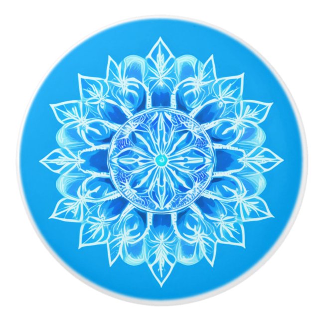 Batik Mandala Flower in Turquoise Ceramic Knob (Front)