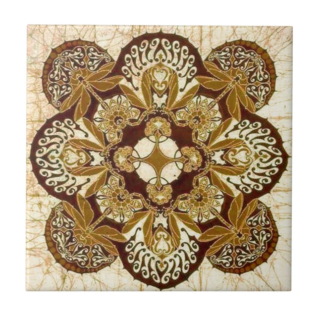 Batik Mandala in Brown and Tan Ceramic Tile (Front)