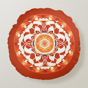 Batik Mandala Pattern in Rust Red Round Pillow