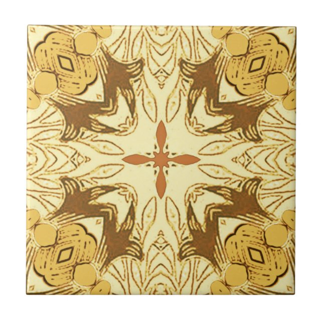 Batik Mandala Pattern Mustard Gold and Brown   Ceramic Tile (Front)