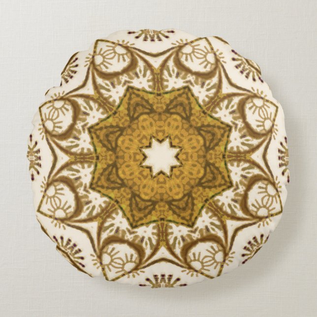 Batik Mandala Pattern Mustard Gold and Cream   Round Pillow (Front)