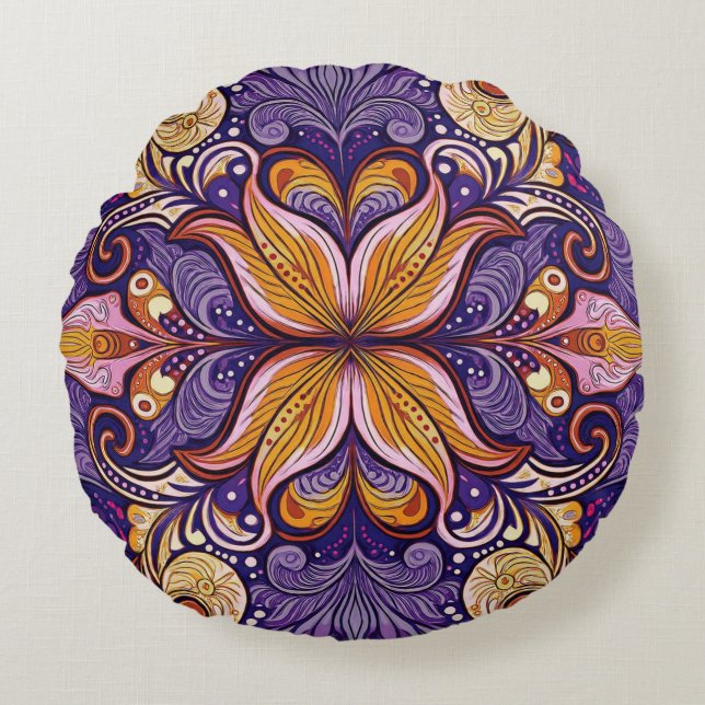 Batik Purple Pattern Round Pillow (Front)